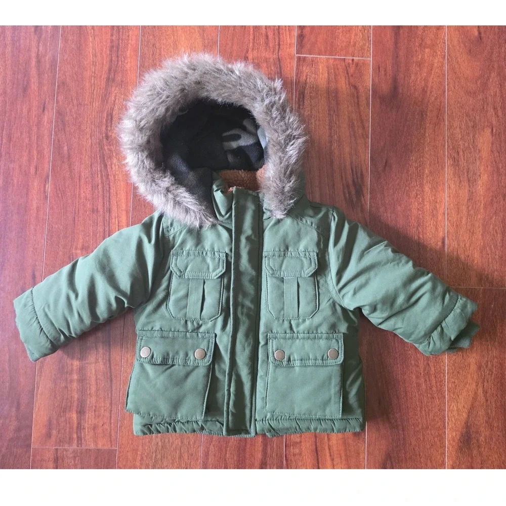 Girls Carter's Kids Olive Green Faux Fur Hooded Winter Parka Jacket 12M